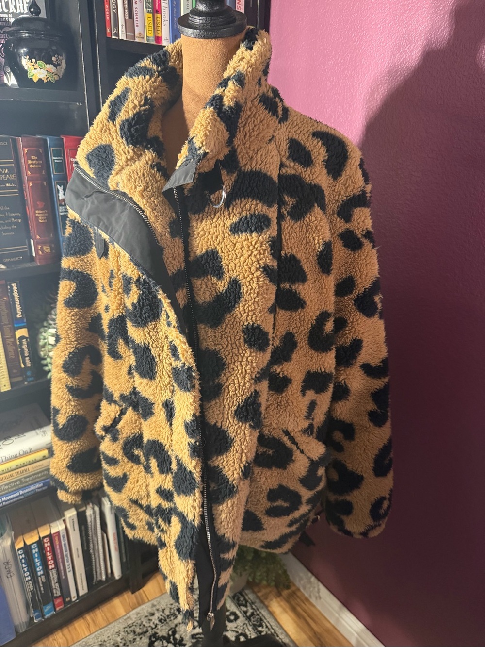 DKNY Leopard Print Sherpa Jacket - Tan & Black- lined and warm